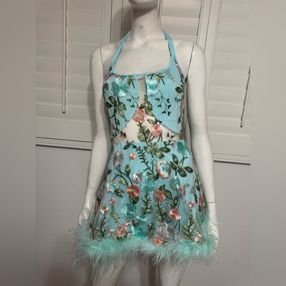 iHeartRaves Dresses & Skirts - New small aqua embroidered floral dress boho iHR mini flower spring tea cottage
